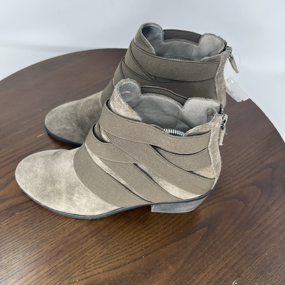 Eileen Fisher Willis Boots Women's 8 Gray Suede Stretch Straps Ankle Zip Booties